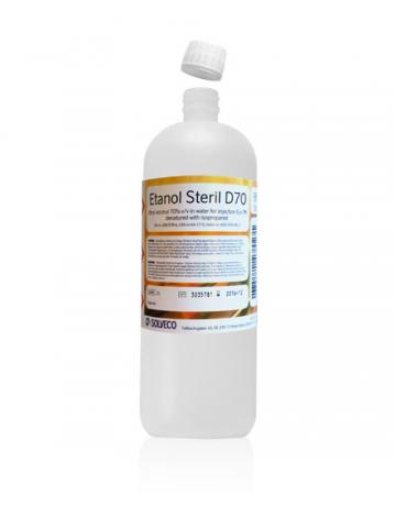 Etanol Steril D70 är en sterilfiltrerad, denaturerad etanol Eur.Ph med halten 70 volym% utspädd med Water For Injection. Produkten produceras aseptiskt i LAF enligt gällande GMP. Levereras i kartong innehållande 12X1L.